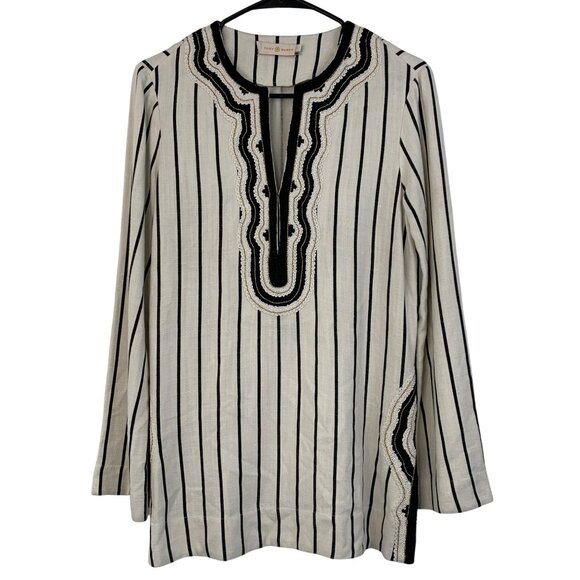 Tory Burch Filipa Slub Stripe Embroider Tunic Top white & Black Size 4 - Picture 2 of 8